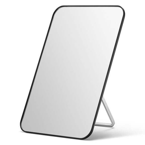 OMIRO 8"L x 5"W Rectangle Tabletop Makeup Mirror with Foldable Stand, Bathroom Face Mirror with Hanging Hole for Shaving, Black