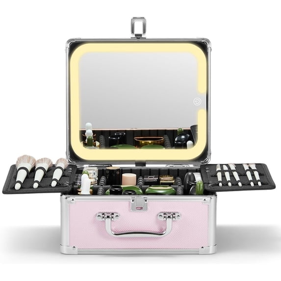 OMIRO Makeup Box with A Detachable Lighted Mirror, Waterproof Travel Train Case, Cosmetic Organizer with Adjustable Dividers, Makeup Case with A Magnetic LED Mirror (Icy Pink)