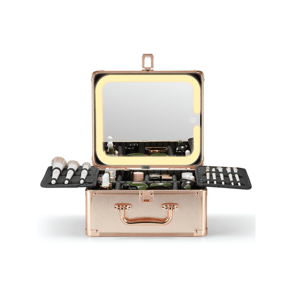 OMIRO Makeup Box with Detachable Magnetic LED Mirror, Travel Train Case with Brush Holders & Adjustable Dividers, Rose Gold