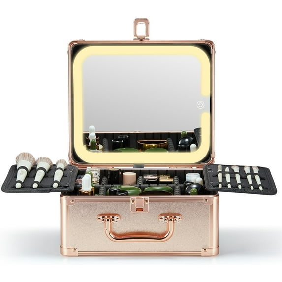 OMIRO Makeup Box with A Detachable Lighted Mirror, Waterproof Travel Train Case, Cosmetic Organizer with Adjustable Dividers, Makeup Case with A Magnetic LED Mirror (Rose Gold)