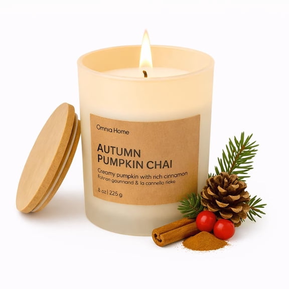 OMNIA HOME Winter Scented Soy Wax Candle Spiced Candles for Home Scented with Notes of Cinnamon, Pumpkin Cream & Soft Wood Notes Seasonal Home Decor & Gift (Autumn Pumpkin CHAI, Beige, 8 oz)