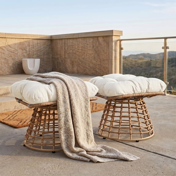 OMNIBERG 360° Outdoor Swivel Ottoman Stools Set of 2, Oversized All Weather Wicker Footstool with Cushion and Non-Slip Feet, Outdoor Seating Footrest for Bedroom, Living Room, Porch, Balcony, Beige