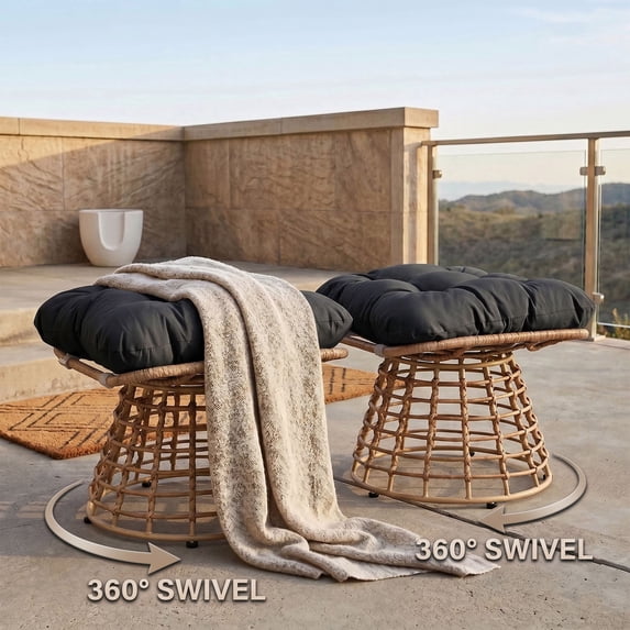 OMNIBERG 360° Outdoor Swivel Ottoman Stools Set of 2, Oversized All Weather Wicker Footstool with Cushion and Non-Slip Feet, Outdoor Seating Footrest for Bedroom, Living Room, Porch, Balcony, Black