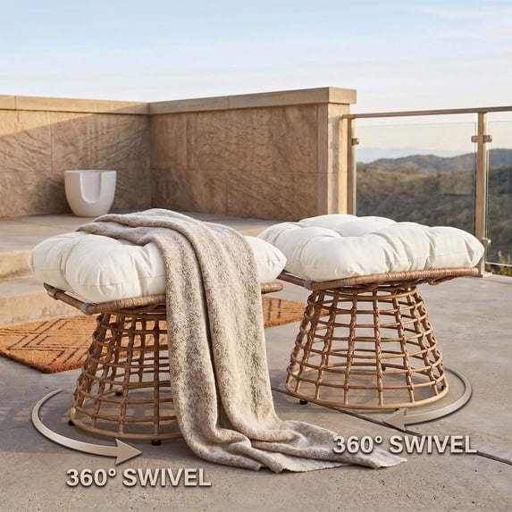 OMNIBERG 360° Outdoor Swivel Ottoman Stools Set of 2, Oversized All Weather Wicker Footstool with Cushion and Non-Slip Feet, Outdoor Seating Footrest for Bedroom, Living Room, Porch, Balcony, Beige