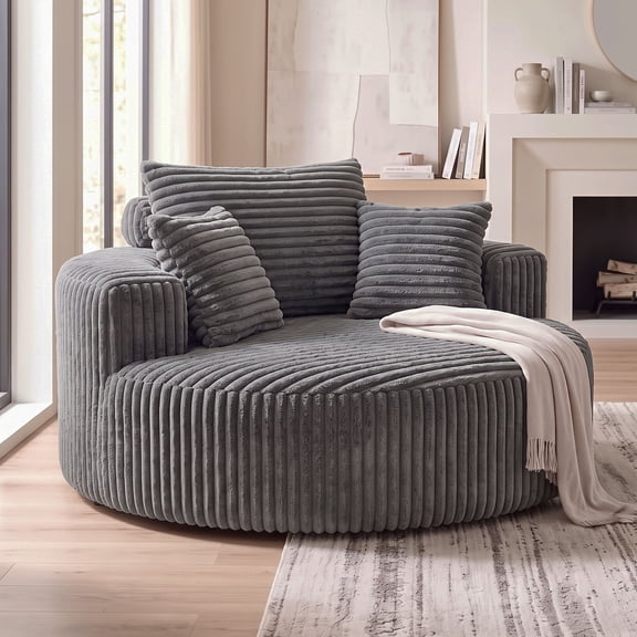 OMNIBERG 55" Oversized Round Sofa Bed, Corduroy Boneless Chaise Lounge Chair with Deep Seat, Wide Armrests and 3 Pillows, Cozy Sleeper Couch for Living Room, Grey