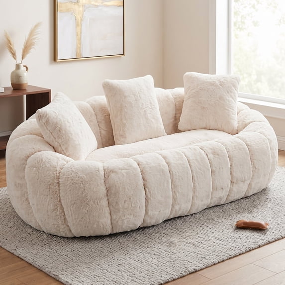OMNIBERG 75" Oversized Velvet Loveseat Sofa, Boneless Floral Shaped Love Seat Couch with 3 Pillows for Living Room, Bedroom, Apartment, No Assembly, Beige