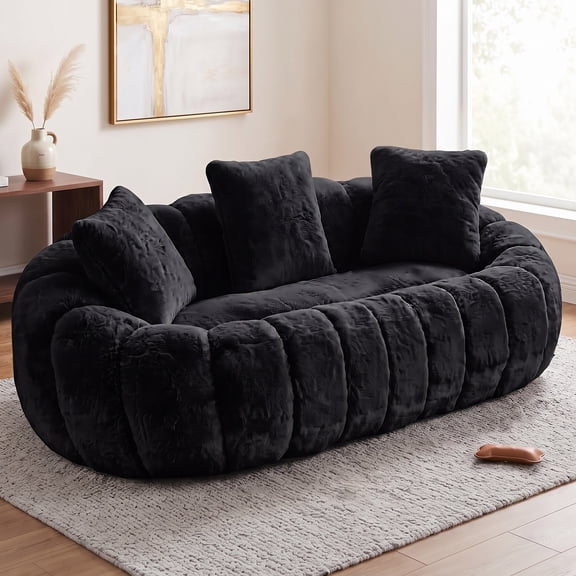 OMNIBERG 75" Oversized Velvet Loveseat Sofa, Boneless Floral Shaped Love Seat Couch with 3 Pillows for Living Room, Bedroom, Apartment, No Assembly, Black