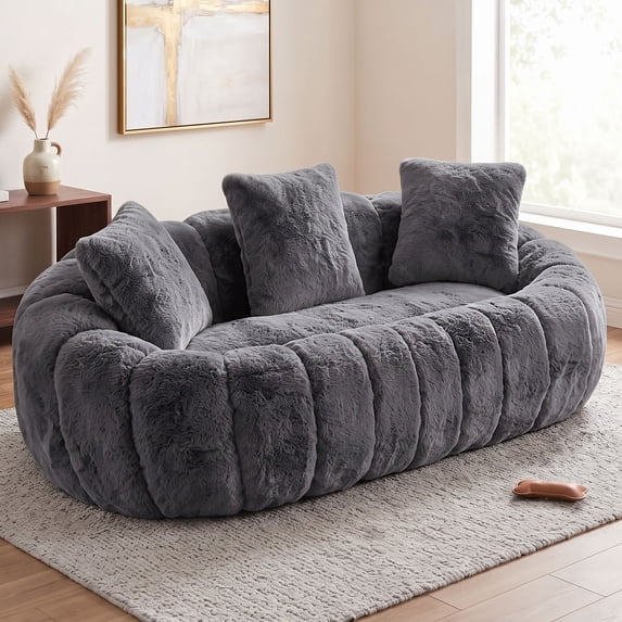 OMNIBERG 75" Oversized Velvet Loveseat Sofa, Boneless Floral Shaped Love Seat Couch with 3 Pillows for Living Room, Bedroom, Apartment, No Assembly, Grey