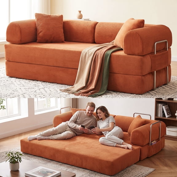 OMNIBERG 79" 5-in-1 Boneless Convertible Futon Sofa Bed, Corduroy Modular Sleeper Sofa Couch with Storage Pockets, Fixed-Shape Frame and Pillows for Living Room Bedroom, No Assembly, Orange