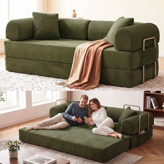 OMNIBERG 79" Boneless Convertible Sofa Bed, 5-in-1 Corduroy Modular Sleeper Sofa Couch Futon with Side Pockets, Fixed-Shape Frame and Pillows for Living Room Bedroom, No Assembly, Green