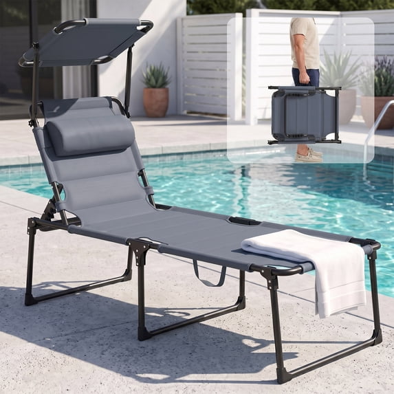 OMNIBERG Folding Cushioned Chaise Lounge Chair, 4-Position Adjustable Outdoor Lounge Chair with Sunshade Roof and Headrest, Portable Reclining Tanning Beach Chair for Pool Sunbathing Patio, Grey