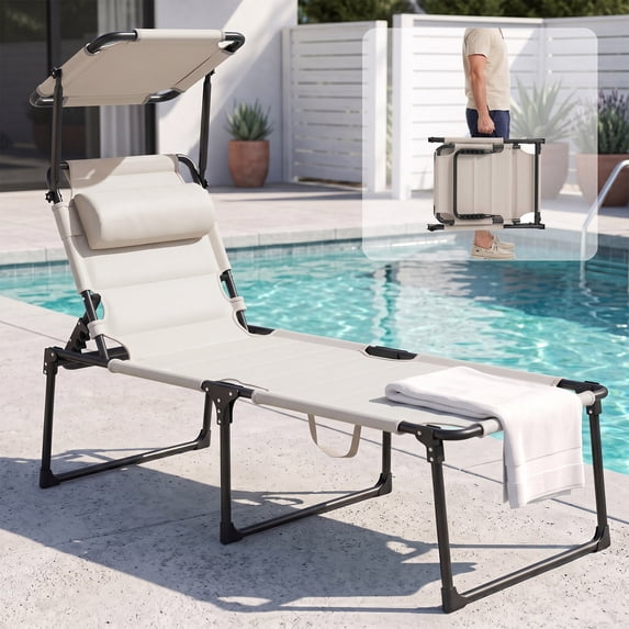 OMNIBERG Folding Cushioned Chaise Lounge Chair, 4-Position Adjustable Outdoor Lounge Chair with Sunshade Roof and Headrest, Portable Reclining Tanning Beach Chair for Pool Sunbathing Patio, Beige