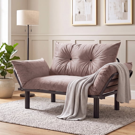OMNIBERG Folding Velvet Loveseat Sofa Couch with Thick Mattress and Pillow, Small Love Seat Couch wiht Armrests for Compact Space, Living Room, Apartment, Beige