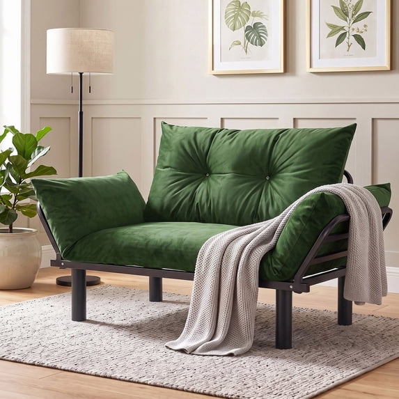 OMNIBERG Folding Velvet Loveseat Sofa Couch with Thick Mattress and Pillow, Small Love Seat Couch wiht Armrests for Compact Space, Living Room, Apartment, Green