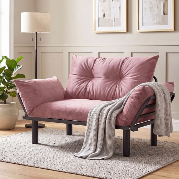 OMNIBERG Folding Velvet Loveseat Sofa Couch with Thick Mattress and Pillow, Small Love Seat Couch wiht Armrests for Compact Space, Living Room, Apartment, Pink