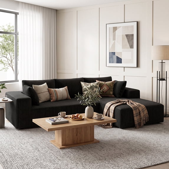 OMNIBERG L-Shaped Boneless Modular Sectional Sofa, Corduroy Cloud Couch with Reversible Chaise, Deep Seat, 10-Inch Armrests and 5 Pillows for Living Room, Black(Right Facing Chaise)