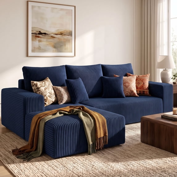 OMNIBERG L-Shaped Boneless Modular Sectional Sofa, Corduroy Cloud Couch with Reversible Chaise, Deep Seat, 10-Inch Armrests and 5 Pillows for Living Room, Blue(Left Facing Chaise)