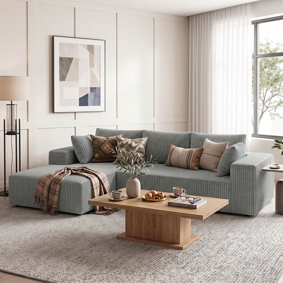 OMNIBERG L-Shaped Boneless Modular Sectional Sofa, Corduroy Cloud Couch with Reversible Chaise, Deep Seat, 10-Inch Armrests and 5 Pillows for Living Room, Grey(Left Facing Chaise)