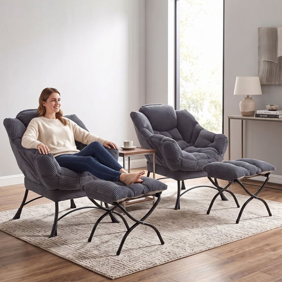 OMNIBERG Lazy Chair with Folding Ottoman Set of 2, Oversized Comfy Lounge Chair with Armrests and Side Pocket for Reading, Relaxing, and Napping, Perfect for Living Room, Bedroom or Office, Gray