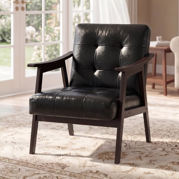 OMNIBERG Mid-Century Modern Accent Chair, PU Leather Armchair with Solid Wood Frame, Comfort Reading Chair Lounge Chair for Living Room Bedroom Sunroom, Black