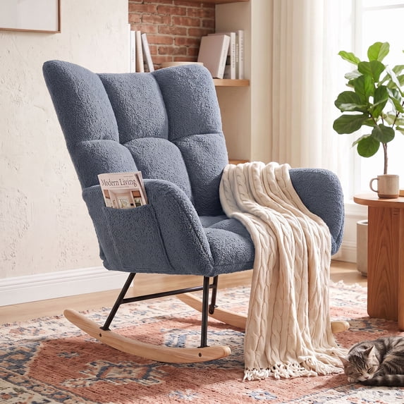 OMNIBERG Nursery Rocking Chair Teddy Upholstered Glider Rocker, Accent Rocking Chair Padded Seat with Side Pocket and High Backrest Comfy Armchair Side Chair for Living Room Bedroom Offices, Blue