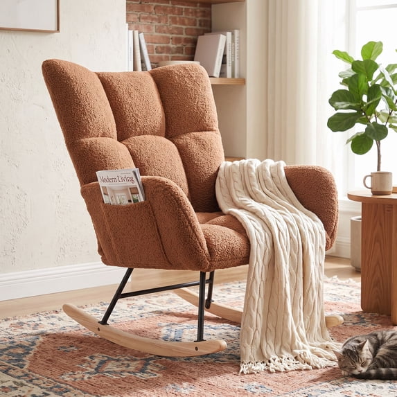 OMNIBERG Nursery Rocking Chair Teddy Upholstered Glider Rocker, Accent Rocking Chair Padded Seat with Side Pocket and High Backrest Comfy Armchair Side Chair for Living Room Bedroom Offices, Brown
