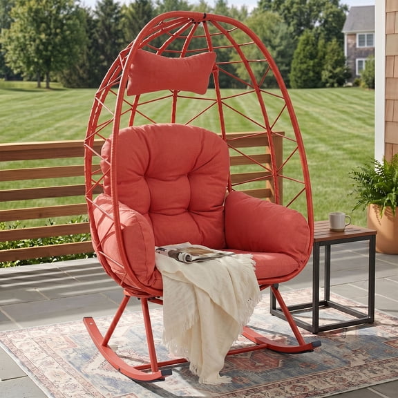 OMNIBERG Oversized Wicker Egg Rocking Chair, Oudoor Indoor Rattan Papasan Rocker Chair with Cushions and Headrest for Porch Indoor Yard,Orange/Red