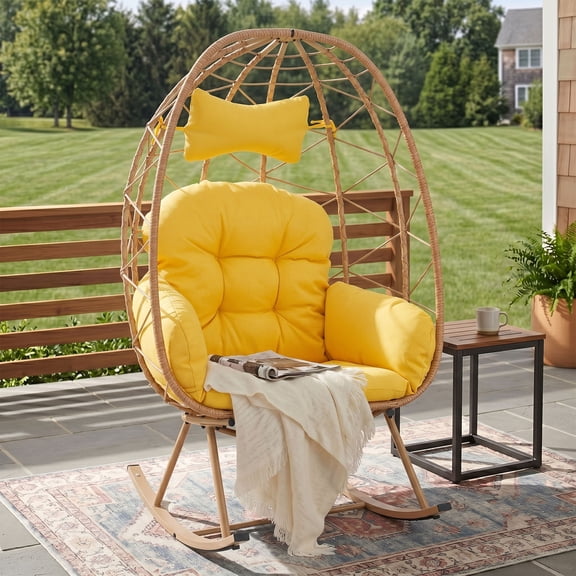 OMNIBERG Oversized Wicker Egg Rocking Chair, Oudoor Indoor Rattan Papasan Rocker Chair with Cushions and Headrest for Porch Indoor Yard,Yellow/Yellow