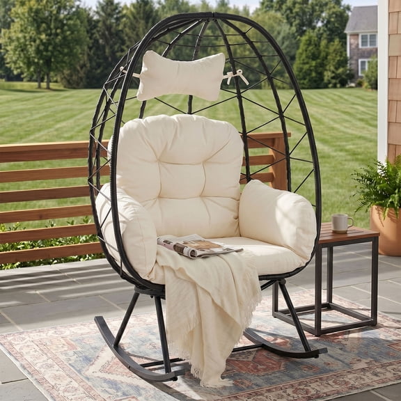 OMNIBERG Oversized Wicker Egg Rocking Chair, Oudoor Indoor Rattan Papasan Rocker Chair with Cushions and Headrest for Porch Indoor Yard,White/Black