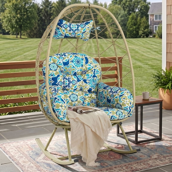 OMNIBERG Oversized Wicker Egg Rocking Chair, Oudoor Indoor Rattan Papasan Rocker Chair with Cushions and Headrest for Porch Indoor Yard,Cyan/Flower