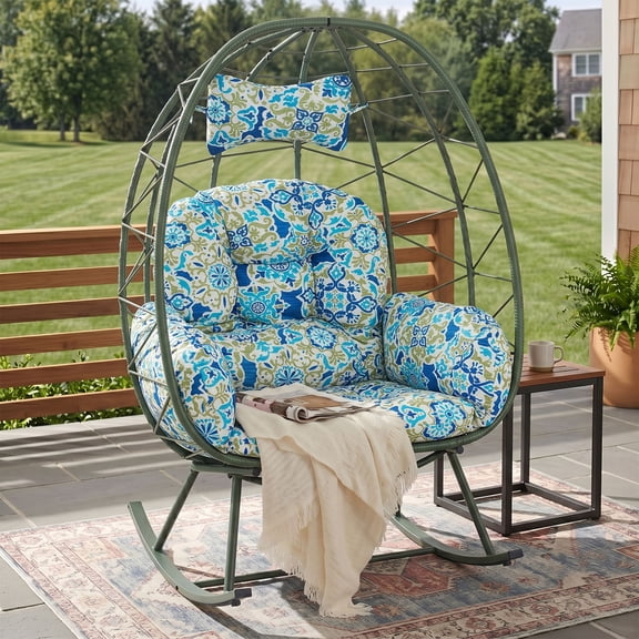 OMNIBERG Oversized Wicker Egg Rocking Chair, Oudoor Indoor Rattan Papasan Rocker Chair with Cushions and Headrest for Porch Indoor Yard,Green/Flower