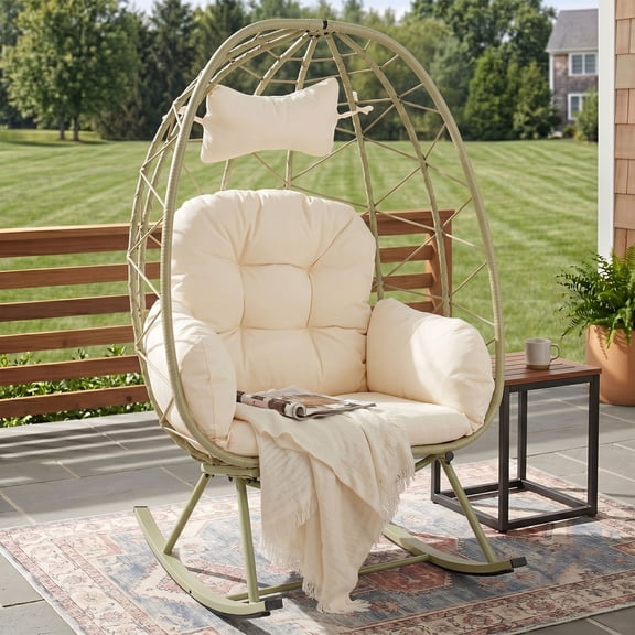 OMNIBERG Oversized Wicker Egg Rocking Chair, Oudoor Indoor Rattan Papasan Rocker Chair with Cushions and Headrest for Porch Indoor Yard,Cyan/Beige