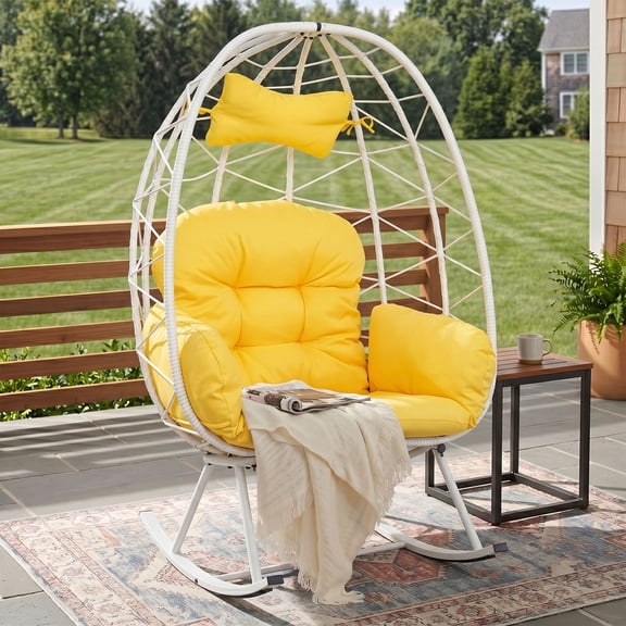 OMNIBERG Oversized Wicker Egg Rocking Chair, Oudoor Indoor Rattan Papasan Rocker Chair with Cushions and Headrest for Porch Indoor Yard,White/Yellow