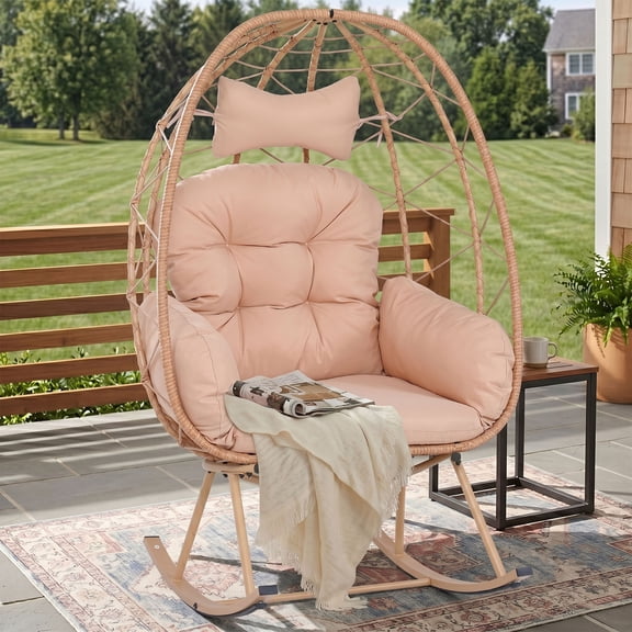 OMNIBERG Oversized Wicker Egg Rocking Chair, Oudoor Indoor Rattan Papasan Rocker Chair with Cushions and Headrest for Porch Indoor Yard,Yellow/Beige