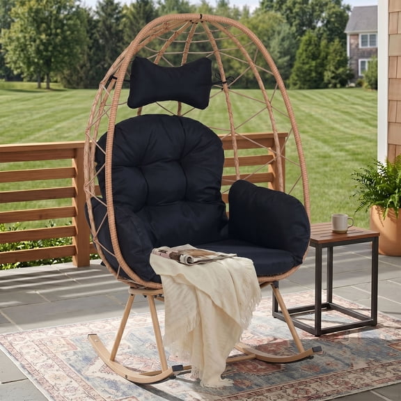 OMNIBERG Oversized Wicker Egg Rocking Chair, Oudoor Indoor Rattan Papasan Rocker Chair with Cushions and Headrest for Porch Indoor Yard,Yellow/Black