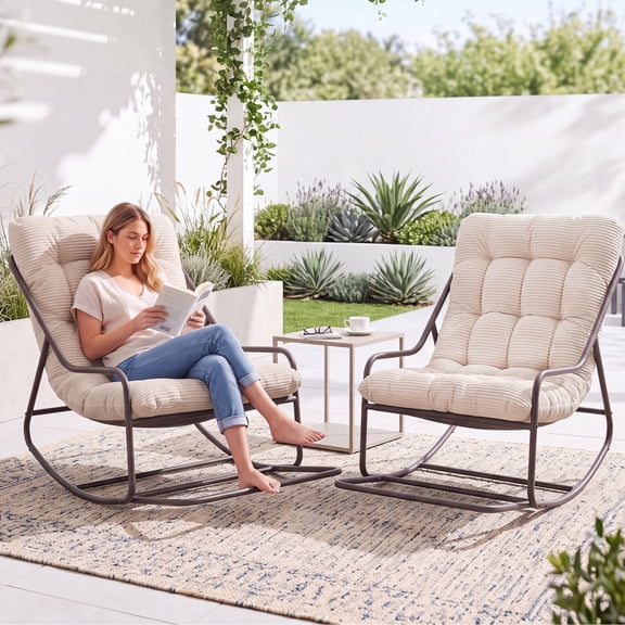 OMNIBERG Outdoor Rocking Chair Set of 2 with Footrest, Oversized Papasan Rocker Indoor Outdoor Lounge Chair, Waterproof Comfy Cushion, Perfect for Patio, Porch, Garden, Living Room, Beige