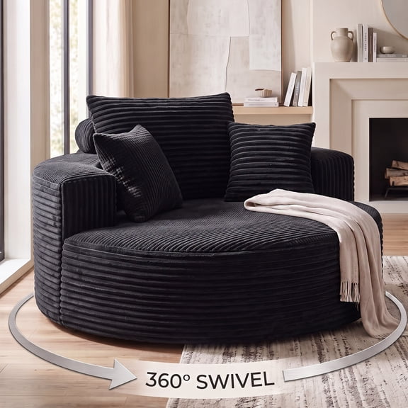OMNIBERG Oversized 360° Swivel Round Sofa Bed, Corduroy Boneless Chaise Lounge Chair with Deep Seat, Wide Armrests and 3 Pillows, Cozy Sleeper Couch for Living Room, Black