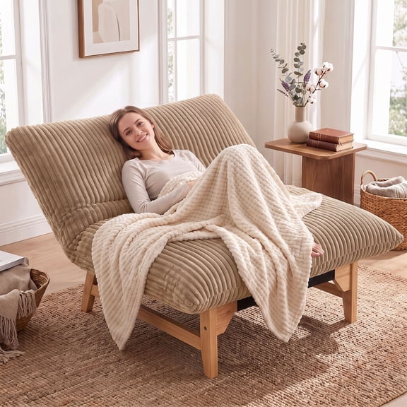 OMNIBERG 57" Oversized Indoor Chaise Lounge Chair with Wood Base, Plush Corduroy Beanbag Sofa Chair with Thick Cushion, Cozy Cloud Accent Lounge Chair for Bedroom Living Room, Khaki