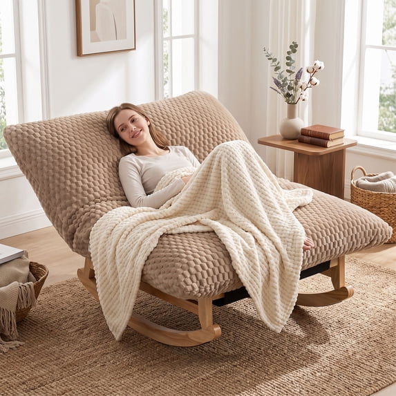 OMNIBERG 57" Oversized Chaise Rocking Lounge Chair with Solid Wood Base, Plush Corduroy Beanbag Rocking Sofa Chair, Cozy Cloud Accent Chair Lounger for Bedroom Living Room, Khaki