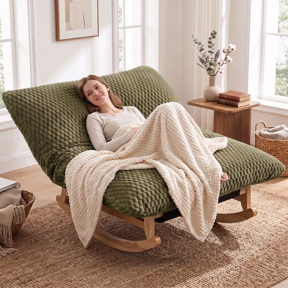 OMNIBERG 57" Oversized Chaise Rocking Lounge Chair with Solid Wood Base, Plush Corduroy Beanbag Rocking Sofa Chair, Cozy Cloud Accent Chair Lounger for Bedroom Living Room, Green