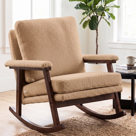 OMNIBERG Nursery Rocking Chair Upholstered Accent Rocking Chairs with Wood Frame, Glider Rocker Armchair with Wide Padded Seat for Living Room, Bedroom, Khaki