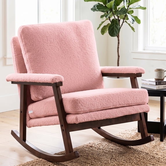 OMNIBERG Nursery Rocking Chair Upholstered Accent Rocking Chairs with Wood Frame, Glider Rocker Armchair with Wide Padded Seat for Living Room, Bedroom, Pink