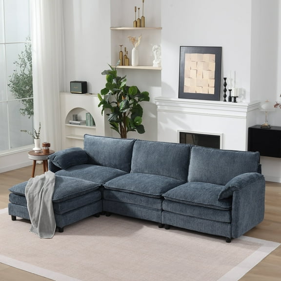 OMOCCUIT 108" L Shaped Modern Sofa, Convertible Modular Sectional Cloud Couch with Movable Ottoman, Chenille 3-Seat Couches with Deep Seat & Pillow for Living Room, Bedroom, Apartment, Office