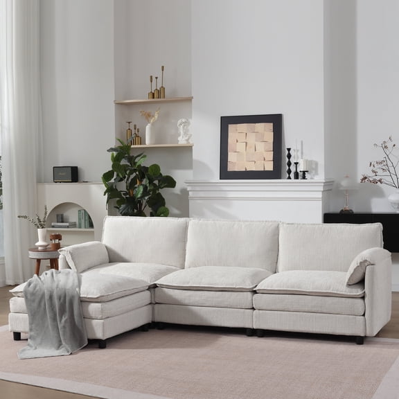 OMOCCUIT 108" L Shaped Modern Sofa, Convertible Modular Sectional Cloud Couch with Movable Ottoman, Chenille 3-Seat Couches with Deep Seat & Pillow