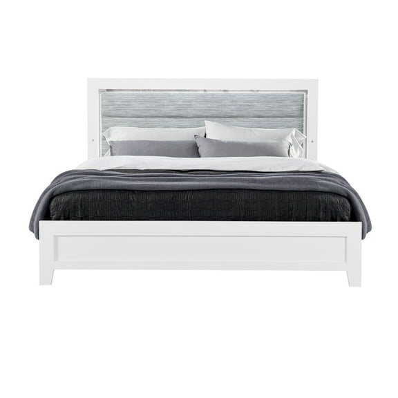 OMODA White King Bed with LED Lights - Modern Acrylic Platform Bed Frame - Upholstered Headboard - Bedroom Furniture - White Finish