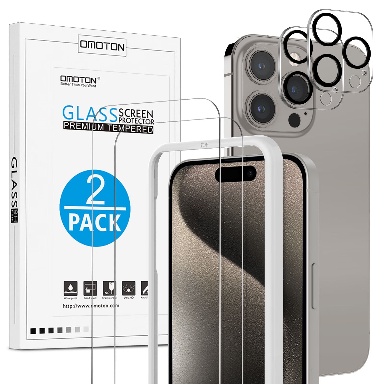 OMOTON 2+2 Screen Protector for iPhone 15 with Camera Lens Protector