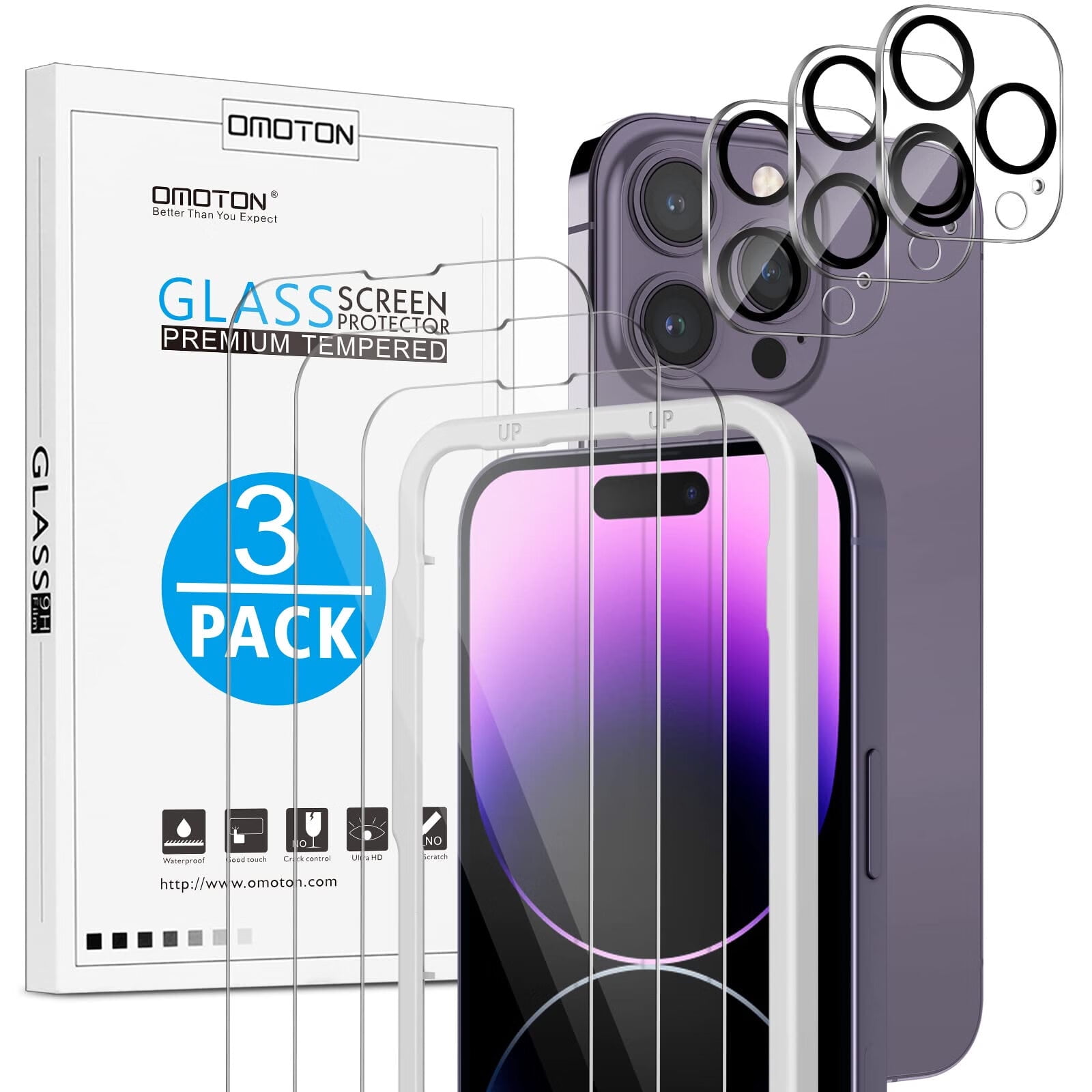OMOTON 3+3 Pack Screen Protector for iPhone 14 Pro Max with Camera