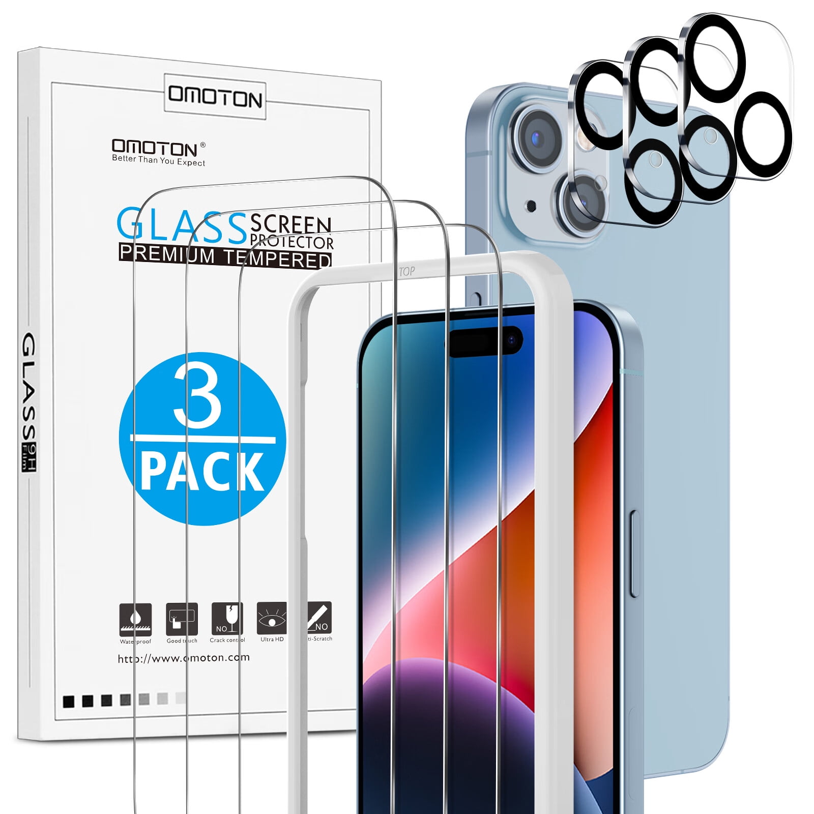 OMOTON 3+3 Screen Protector for iPhone 15 Pro Max with Camera Lens Protector Premium Tempered
