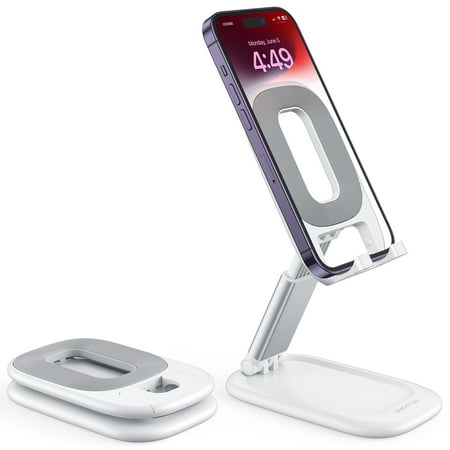 OMOTON Foldable Phone Stand, Fully Portable Cell Phone Stand, Adjustable Desktop Phone Holder Compatible with iPhone, Samsung Galaxy, Google Pixel, White