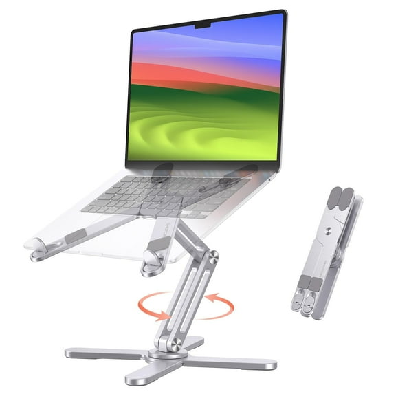 OMOTON LA10 360 Rotating Laptop Stand Riser for Desk, Ergonomic Foldable Computer Stand Adjustable Height Angles for Collaborative Work, Easy Storage Fit Macbooks,All Laptops up to 16 inches, Silver